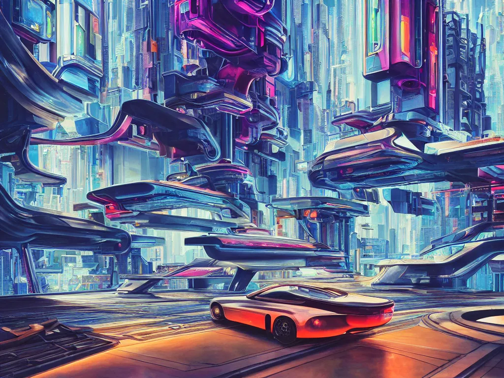 Prompt: hyperrealistic painting of a slice of life from a futuristic city, mechanical designs, technological, hi - tech engineering, art deco architecture, futuristic vehicles, vivid color, meticulous, cinematic style render, cyberpunk style, highly detailed, realism, intricate, acrylic on canvas, 8 k resolution, concept art, by noriyoshi ohrai, francesco di giorgio martini