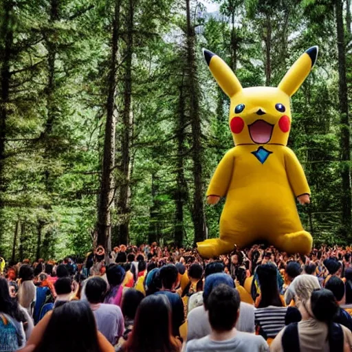 Image similar to photograph of a group of people worshipping a giant pikachu in a forest