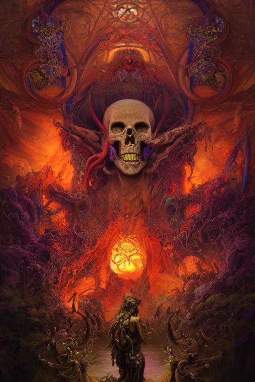 Prompt: gigantic skull center, psychedelic demonic cosmic death and flames, fantasy painting, ultra realistic, wide angle, art nouveau, intricate details, rainbowshift, vivid colors, highly detailed by peter mohrbacher, h. r. giger, maxfield parrish, gustave dore, craig mullins, octane render, cgi