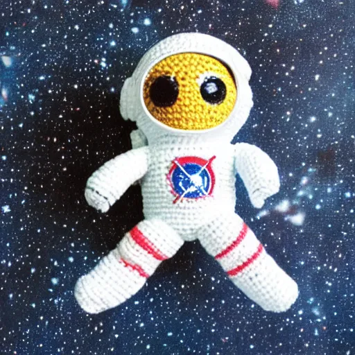 Image similar to polaroid of a cute toy crochete astronaut in real space