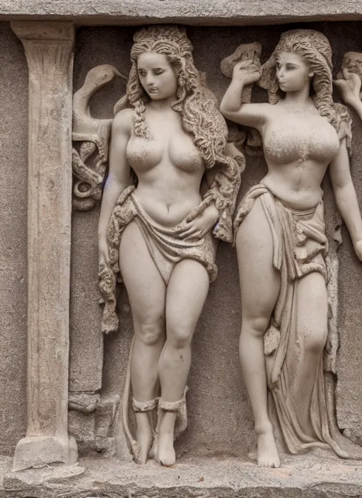 Image similar to photograph of a bas relief of demi rose and emilia clarke found in an ancient greek temple, by charlotte grimm, natural light, detailed face, canon eos c 3 0 0, ƒ 1. 8, 3 5 mm, 8 k, medium - format print, half body shot