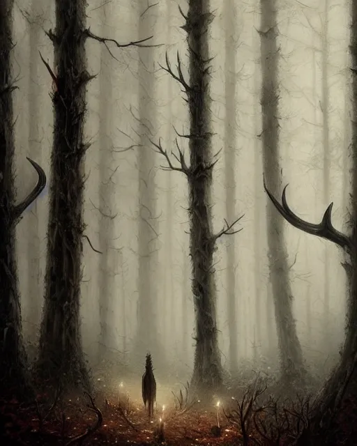 Image similar to oil painting of forest spirit made out of wooden sticks with a deer skull for a face, dark forest, fog, dark fantasy, gloomy, pale colors, by greg rutkowski