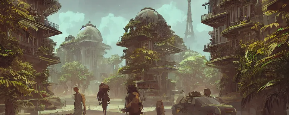 Prompt: a beautiful detailed futuristic paris, matte painting of ancient ornamental gate in the middle of tropical jungle cinematic landscape by studio ghibli, by greg tocchini, by james gilleard, by joe gb fenton, by kaethe butcher, dynamic lighting, vibrant, clean, grunge aesthetic, octane render, artstation