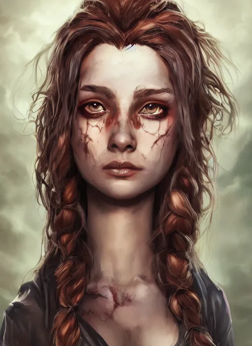 Prompt: an epic fantasy comic book style portrait painting of a girl with short dirty brown straggly hair, low lethargic insouciance voice with a drawl wearing a ragged dress, unreal 5, daz, hyperrealistic, octane render, cosplay, rpg portrait, dynamic lighting