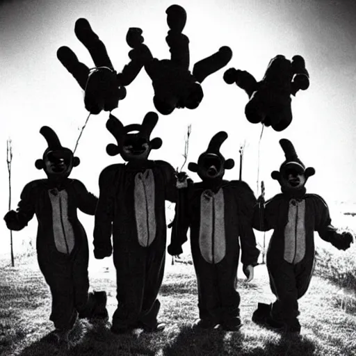 Prompt: gothic teletubbies form a rock band. disturbing. folk horror