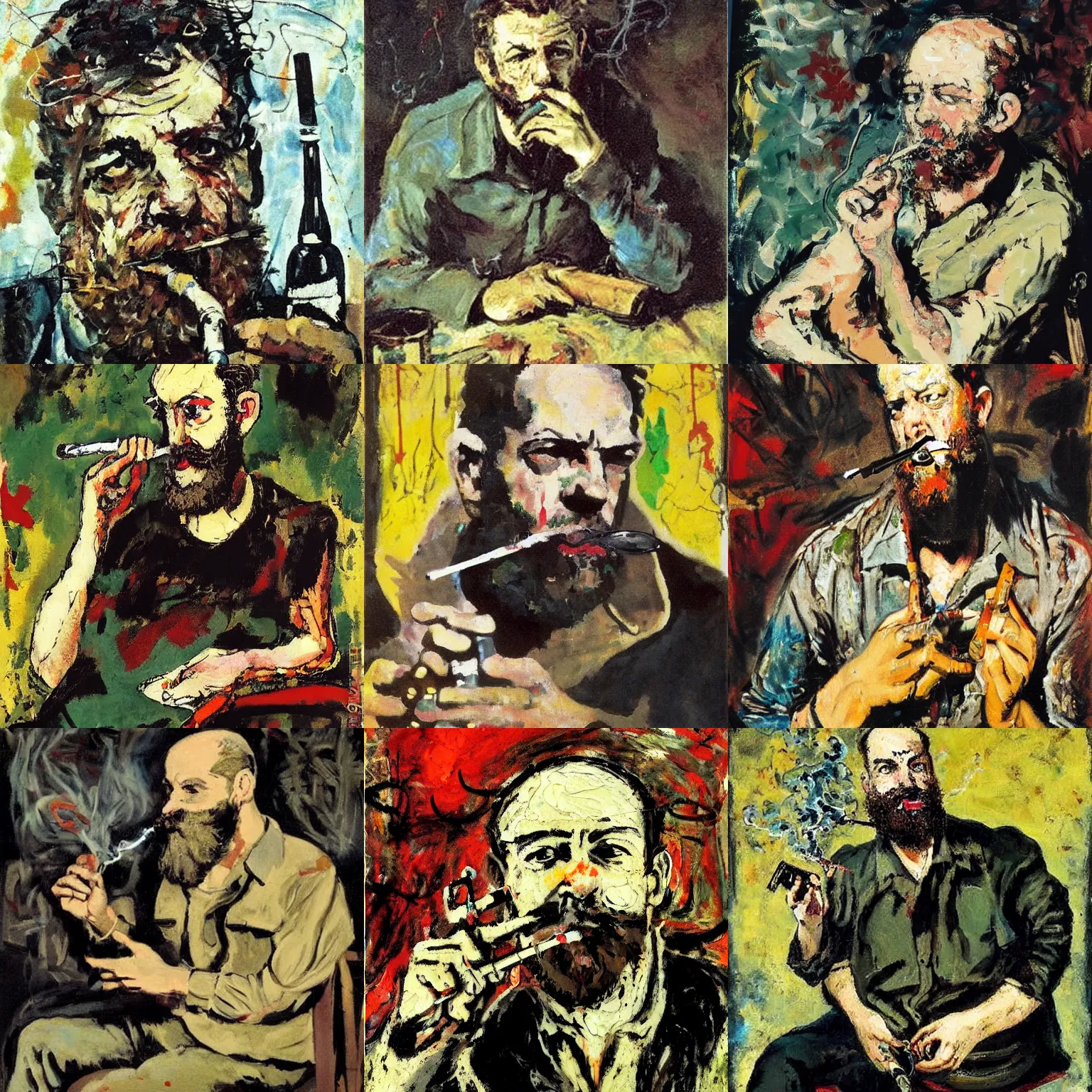 Prompt: Jackson Pollock painting of a writer with a beard sitting, he is smoking a cigarette, he is holding a bottle in his other hand, highly detailed, realistic