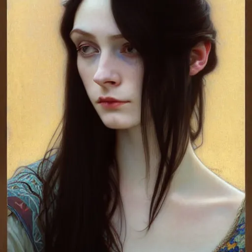 Prompt: Portrait of a beautiful, pale skin, female with long black hair, (dark brown narrow-set eyes), faint smile, elegant clothing, photorealistic, highly detailed, realistic, artstation, smooth, sharp focus, art by Klimt, artgerm, Greg Rutkowski and Alphonse Mucha natural light, Adobe Lightroom, photolab, Affinity Photo, PhotoDirector 365