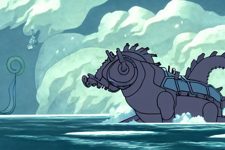 Image similar to cell shaded cartoon of a giant mechanized grey seahorse from howl's moving castle ( 2 0 0 4 ), floating above an icy river, full body, wide shot, very muted colors, post grunge, studio ghibli, highly detailed, deviantart, art by artgem