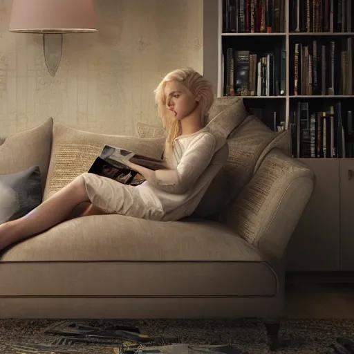 Image similar to beautiful blonde woman in her 4 0 s sat with feet up on sofa reading a magazine, hyper detailed, dramatic lighting, cgsociety, realistic, hyper detailed, insane details, intricate, dramatic lighting, hypermaximalist, golden ratio, rule of thirds, octane render, weta digital, micro details, ultra wide angle, artstation trending, 8 k,