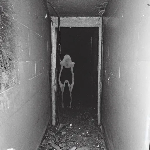 Image similar to hi - 8 night vision camera found - footage of a barely visible, human - like minotaur, shrouded in darkness at the end of an extremely dark, unlit hallway in a basement of an abandoned house