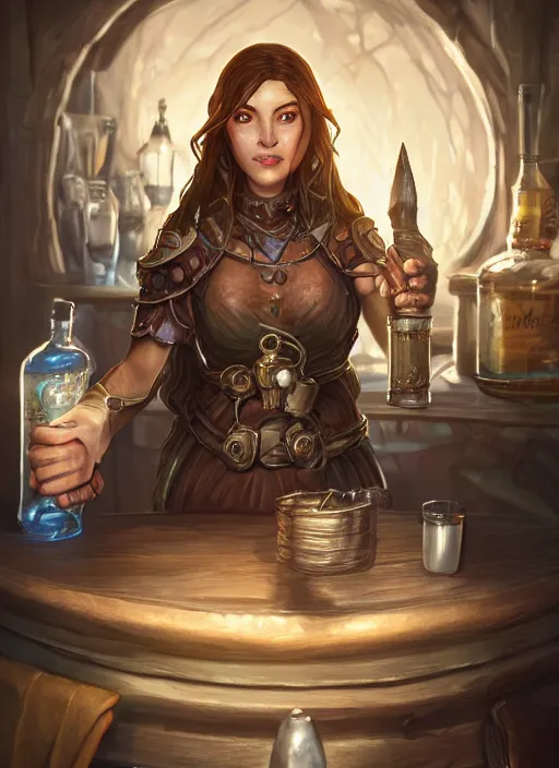 Image similar to barkeep tavern lady ultra detailed fantasy, elden ring, realistic, dnd character portrait, full body, dnd, rpg, lotr game design fanart by concept art, behance hd, artstation, deviantart, global illumination radiating a glowing aura global illumination ray tracing hdr render in unreal engine 5