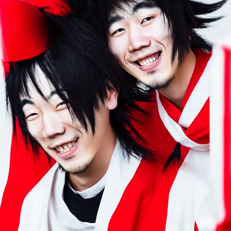 Prompt: smiling young japanese korean man with wild hair in a white faceless helmet with a red m on top wearing a red ascot a character portrait by bernardino mei featured on cgsociety anime aesthetic vanitas gothic goth elegant 3 5 mm f 1 / 8 photograph