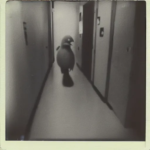 Image similar to A creepy polaroid photo of Big Bird chasing you down a hallway