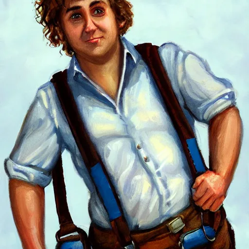 Image similar to close up headshot of a frowning clean shaven pudgy British lad with short curly dark brown hair as a hobbit wearing a white men's crossbody sling chest bag and blue vest, blue vest!! white crossbody chestbag!! high resolution film still, painting by Charlie Bowater