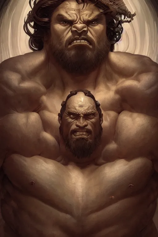 Image similar to hulking herculean ogre jesus christ, masterpiece, intricate, elegant, highly detailed, digital painting, artstation, concept art, smooth, sharp focus, illustration, art by artgerm and greg rutkowski and alphonse mucha and uang guangjian and gil elvgren and sachin teng, symmetry!!