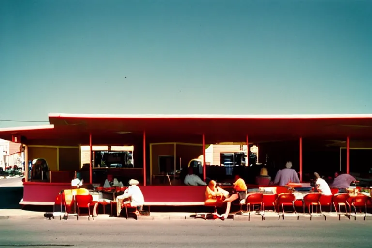 Prompt: 1 9 7 5 gumbo, people sitting at tables, googie architecture, two point perspective, americana, cooking photography, hd 4 k, taken by alex webb