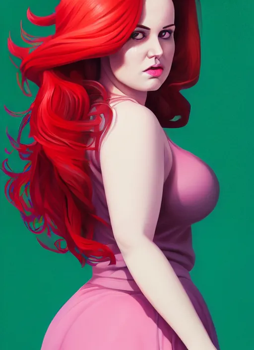 Image similar to full body portrait of teenage cheryl blossom, obese, bangs, green eyes, sultry, realistic, red hair, sultry smirk, wavy hair, pink skirt, fat, intricate, elegant, glowing lights, highly detailed, digital painting, artstation, concept art, smooth, sharp focus, illustration, art by wlop, mars ravelo and greg rutkowski