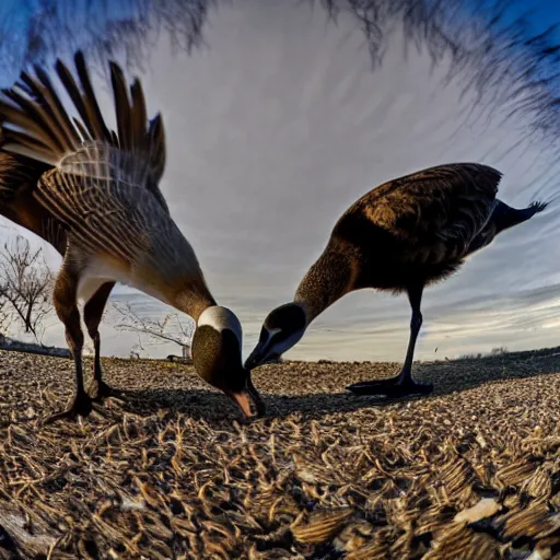 Image similar to goose with its beak right into the camera outdoors, fish eye lens photo, ultra wide angle