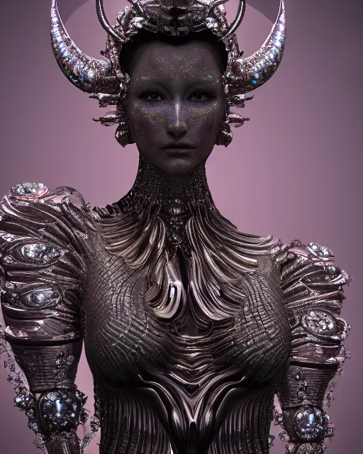 Prompt: a highly detailed metahuman 4 k close up render of an alien goddess bella hadid monument demon in iris van herpen dress schiaparelli in diamonds crystals swarovski and jewelry iridescent in style of alphonse mucha gustav klimt trending on artstation made in unreal engine 4