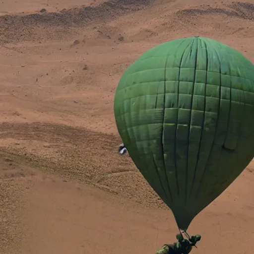 Prompt: shrek jumps out of a military aircraft in camo uniform into the desert with a parachute