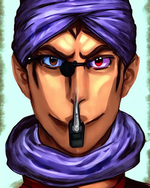 Image similar to A young man wearing a blue turban, beardless, shaven face, middle-eastern, in the style of Persona 5, Persona 5, Persona 5 artwork