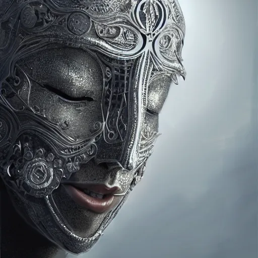 Image similar to Very very very very highly detailed epic central composition photo of face with venetian mask, intricate, dystopian, sci-fi, extremely detailed, digital painting, artstation, concept art, smooth, sharp focus, illustration, intimidating lighting, incredible art by Tokujin Yoshioka and Anton Pieck