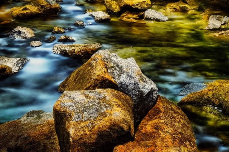 Image similar to water, stone, forest, fantasy, painting, ultra realistic!!!, clear weather, golden hour, sharp focus