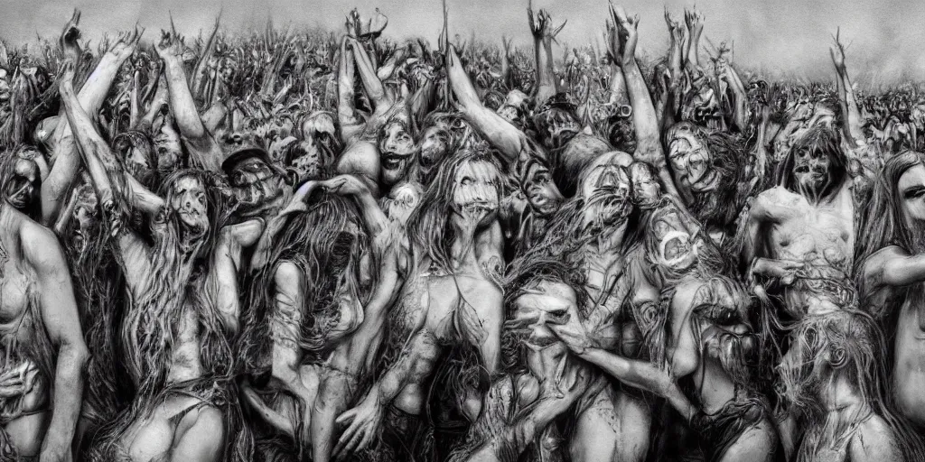 Image similar to Photorealistic people at woodstock 99 by H.R. Giger, KDA and Sam Yang, trending on artstation