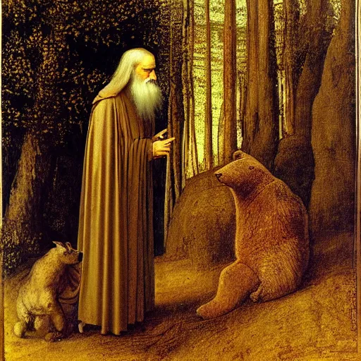 Image similar to St. Seraphim of Sarov talking to a bear in the woods by Leonardo Da Vinci