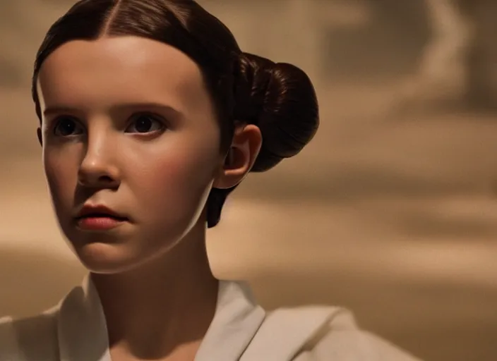 Prompt: film still of millie bobby brown as princess leia in star wars movie, long braided hair pulled back, wearing long white robe in a sith temple, deep focus, glamour pose, dramatic lighting, octane, mist, volumetric lighting, 8 k