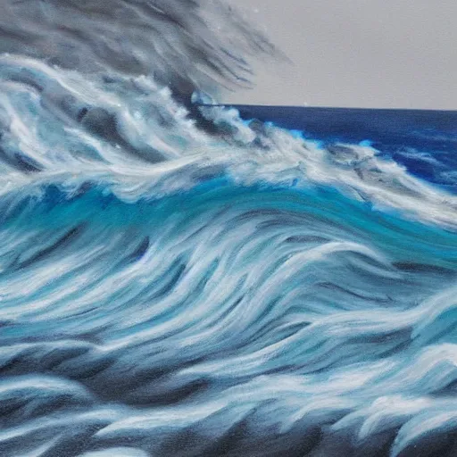 Prompt: detailed painting of a massive wave during a winter storm, snowing heavily, paint texture