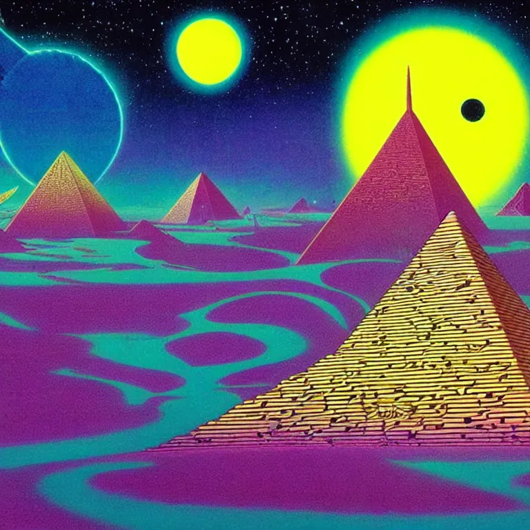 Image similar to cosmic pyramids, crescent moon, desert journey, bright neon colors, highly detailed, cinematic, eyvind earle, tim white, philippe druillet, roger dean, ernst haeckel, lisa frank, aubrey beardsley, hiroo isono