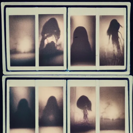 Image similar to polaroid of a lonely ghost, dream, distortion, dark