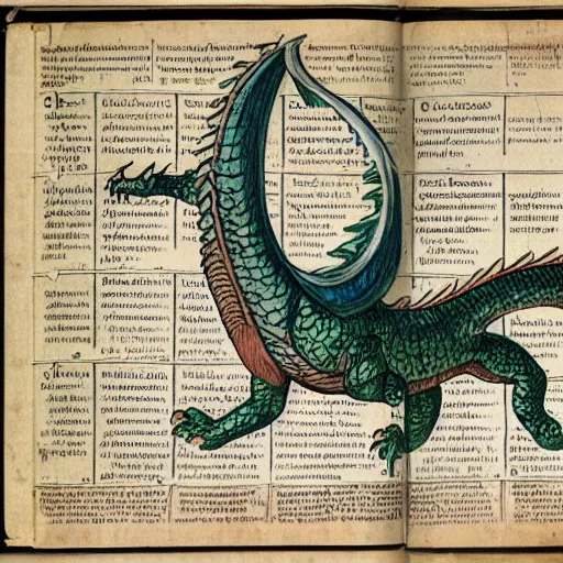 Image similar to scan of XVI century encyclopedia diagram presenting different dragon types, with informative text and diagrams