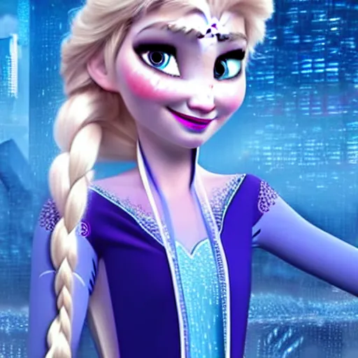 Prompt: elsa from frozen as a superhero in a dystopian cyberpunk city, animated style, cartoon style