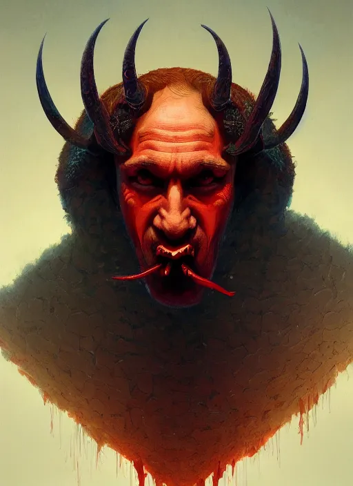 Prompt: a post - minimalism portrait of putin as the devil with mouth filled with unpeeled eggs with very long legs vibrant color scheme, highly detailed, in the style of romanticism, cinematic, artstation, moebius, greg rutkowski