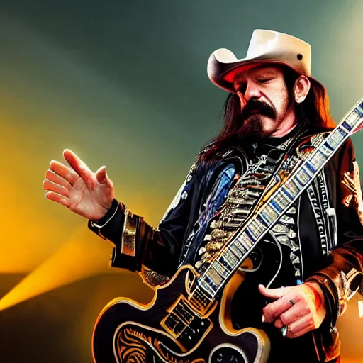 Image similar to lemmy kilmister as an angel coming down from the clouds, guitar in hand, realistic, 8k resolution, hyperdetailed, highly detailed, real life, studio lighting, high quality, dramatic shot,