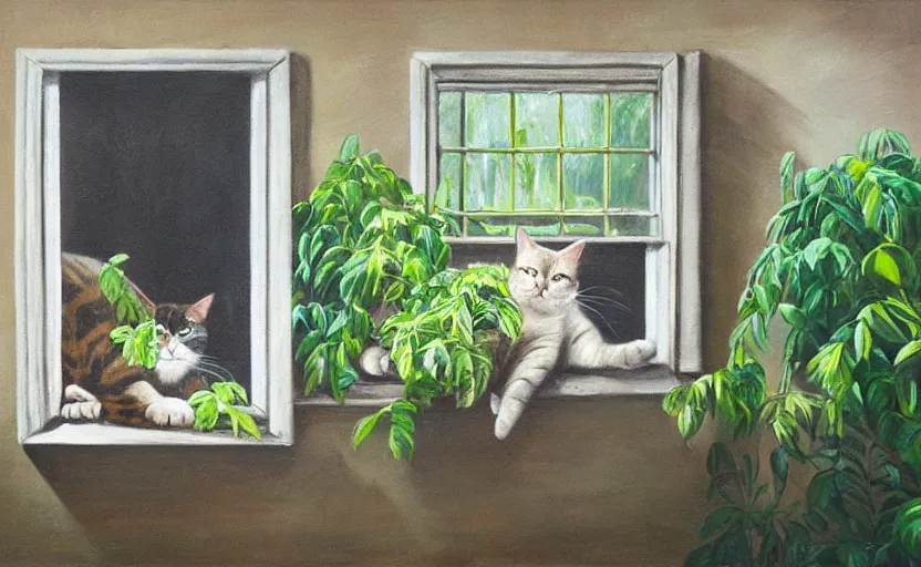 Prompt: detailed oil painting of sleeping cat on window, inside house in village, plants, photorealistic imagery