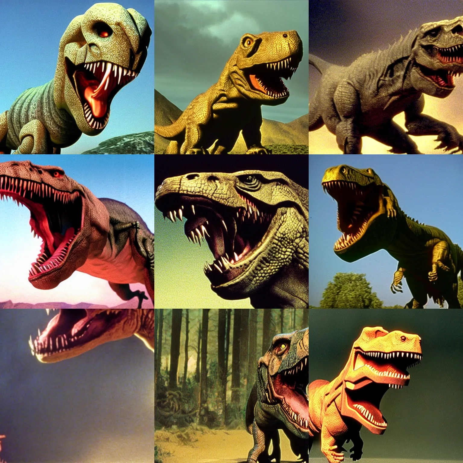 Prompt: t - rex roaring, film still