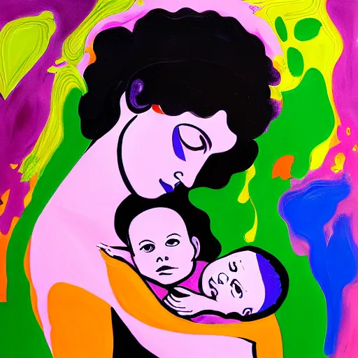 Prompt: a painting of a woman holding a baby, an ultrafine detailed painting by peter max and fiona rae and hernan bas and anna mond, featured on deviantart, metaphysical painting, biomorphic, fauvism, mixed media, photorealistic, dripping paint, palette knife texture, masterpiece