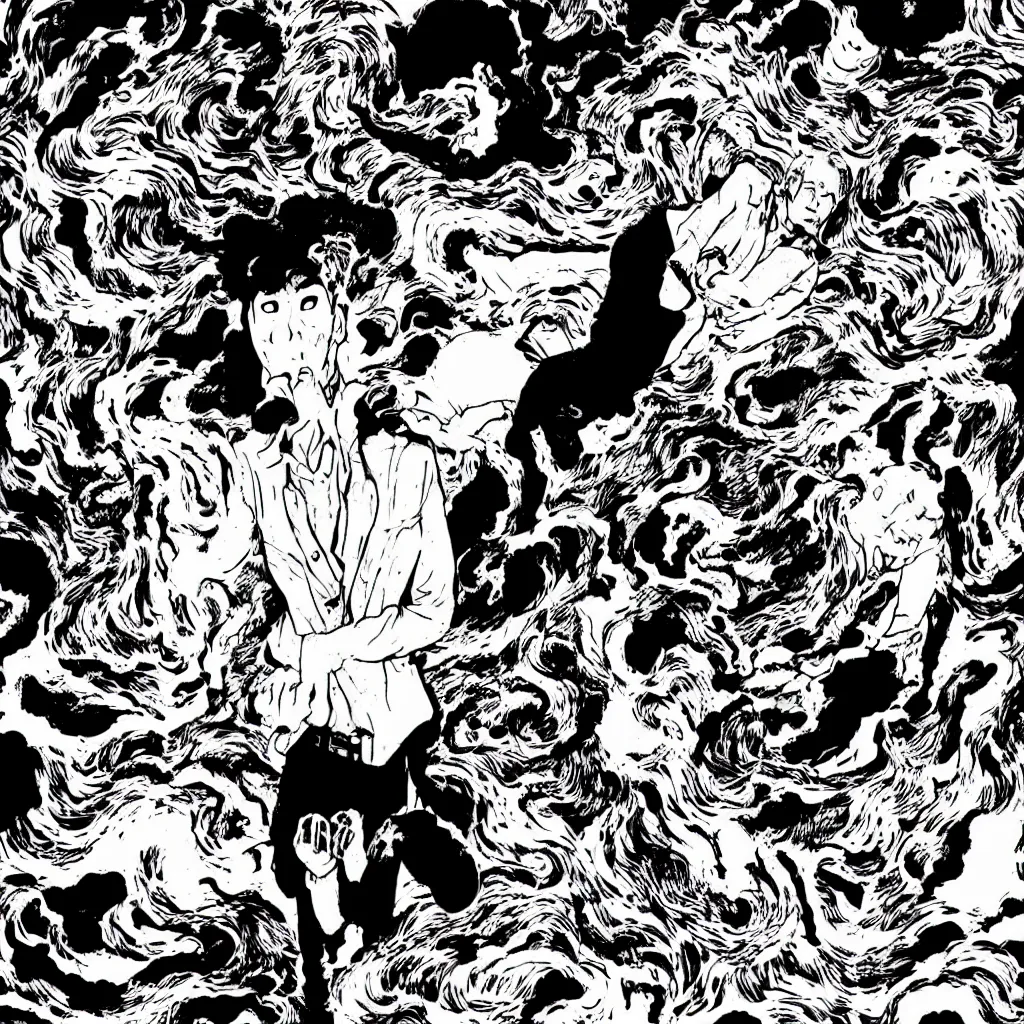 Image similar to a man is haunted by his own dreams, junji ito style, manga