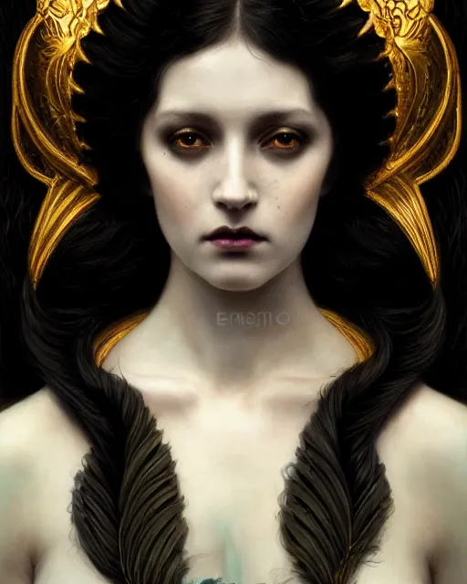 Image similar to a portrait of bio - luminescent beautiful demon queen in deep, black darkness, shining eyes, illustration, dramatic lighting, soft details, painting oil on canvas, art nouveau, octane render, hdr, 4 k, 8 k, hd, by edmund blair leighton, brom, charlie bowater, trending on artstation, faces by tom bagshaw, otto schmidt