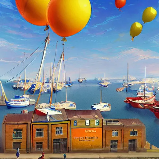 Image similar to digital art of a maritime port in bretagne with giant birthday balloons, artstation cgsociety masterpiece