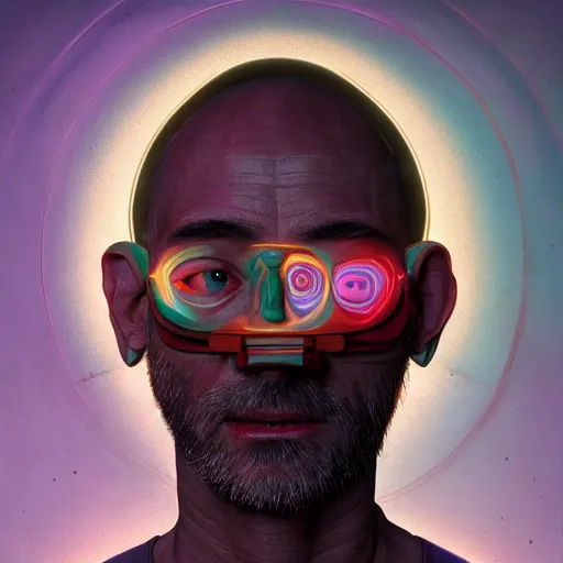 Image similar to Colour Caravaggio Bosch style Photography of Man with reflecting glowing skin with highly detailed 1000 years old face with reflecting glowing skin wearing highly detailed sci-fi VR headset designed by Josan Gonzalez. Many details . In style of Josan Gonzalez and Mike Winkelmann and andgreg rutkowski and alphonse muchaand and Caspar David Friedrich and Stephen Hickman and James Gurney and Hiromasa Ogura. Rendered in Blender and Octane Render volumetric natural light