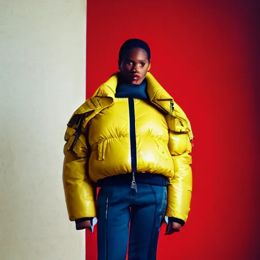 Image similar to realistic photoshooting for a new balenciaga lookbook color film photography portrait of a beautiful woman model, model wears a puffer jacket, photo in style of tyler mitchell, wes anderson