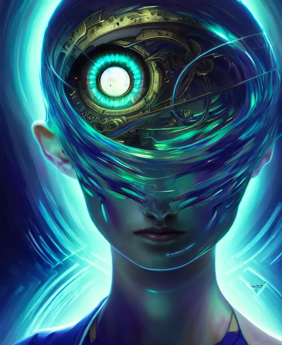 Image similar to whirlwind of souls rushing inside the metaverse, half body, glowin eye, tiara, pharaoh, android, cyborg, cyberpunk face, by loish, d & d, fantasy, intricate, elegant, highly detailed, colorful, vivid color, digital painting, artstation, concept art, art by artgerm and greg rutkowski and alphonse mucha and ruan jia