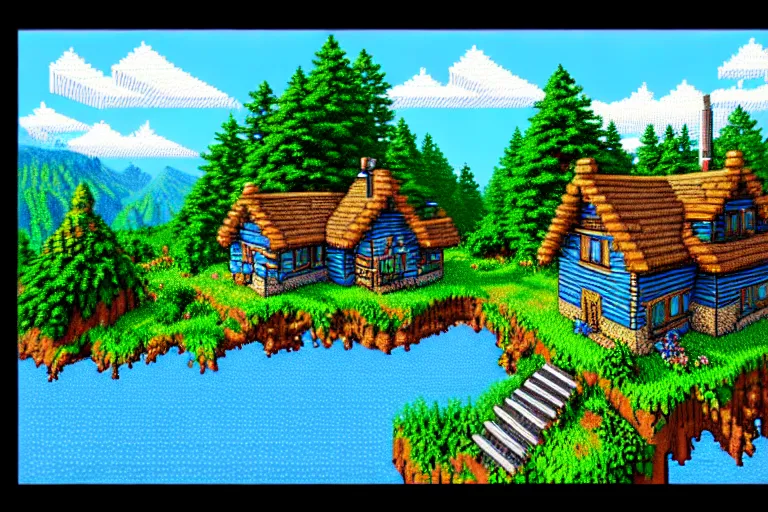 Image similar to view of a cottage above an azure lake, beautiful detailed pixelart by albertov and by pixel jeff in the style of ultima vii, intricate details, beautifully dithered gradients, volumetric lighting, cgsociety, artstation, 2 d