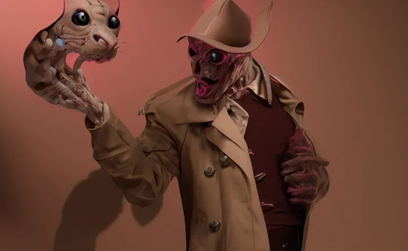 Prompt: a creepy slimy pink ocelot that looks like an investigator, wearing a long beige trench coat, CGI, octane render, trending on artstation, 8K