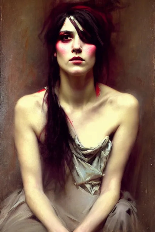 Image similar to solomon joseph solomon and richard schmid and jeremy lipking victorian genre painting full length portrait painting of a young beautiful woman punk rocker