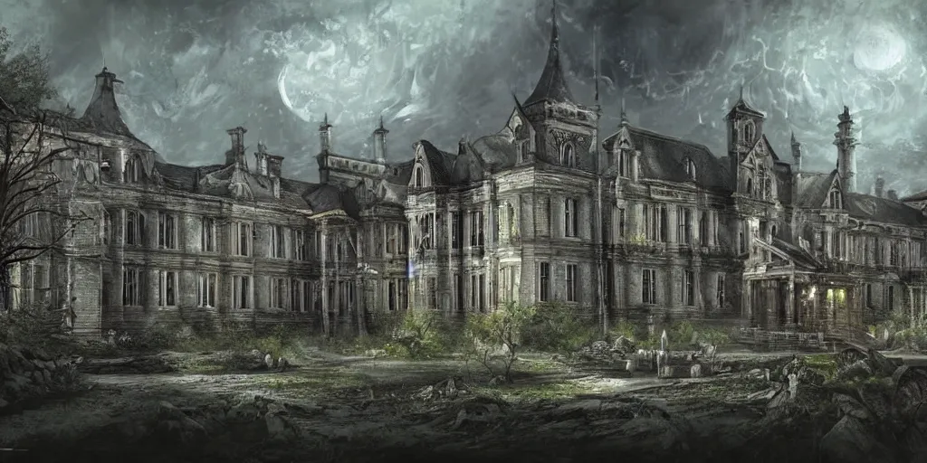 Image similar to Lunatic Asylum, exterior, majestic, detailed, epic scenery, dark fantasy, concept art